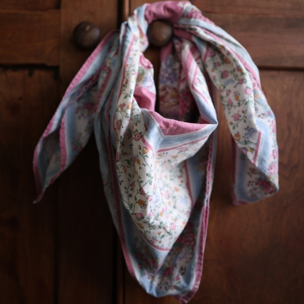 Vintage Oversized Floral Cotton Scarf | Cottagecore Prairie Style | Blue, Pink &